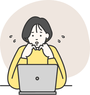 ノートパソコンの前で困っている女性のイラスト
