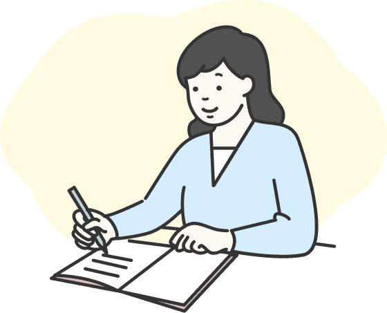 机の上にノートを広げて勉強する女性のイラスト